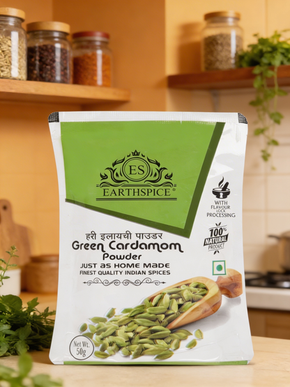 Earthspice Green Cardamom Powder with a kitchen background