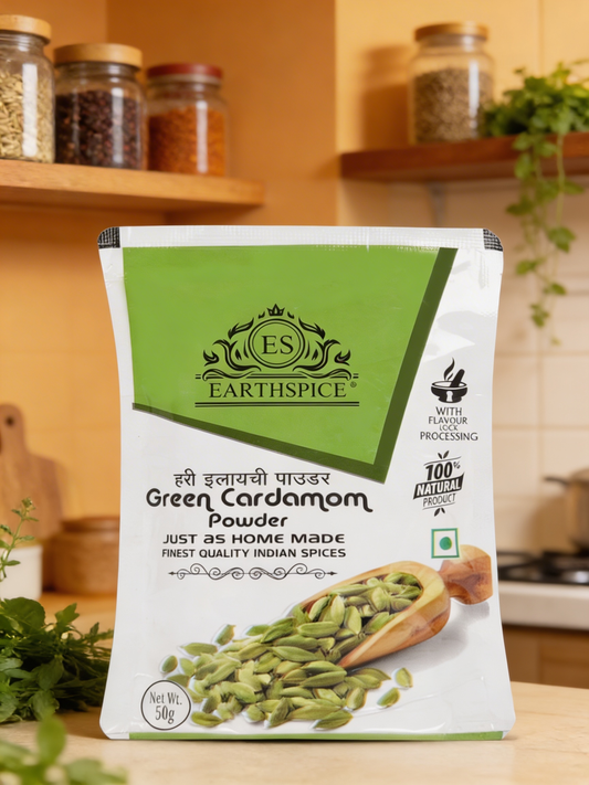 Earthspice Green Cardamom Powder with a kitchen background